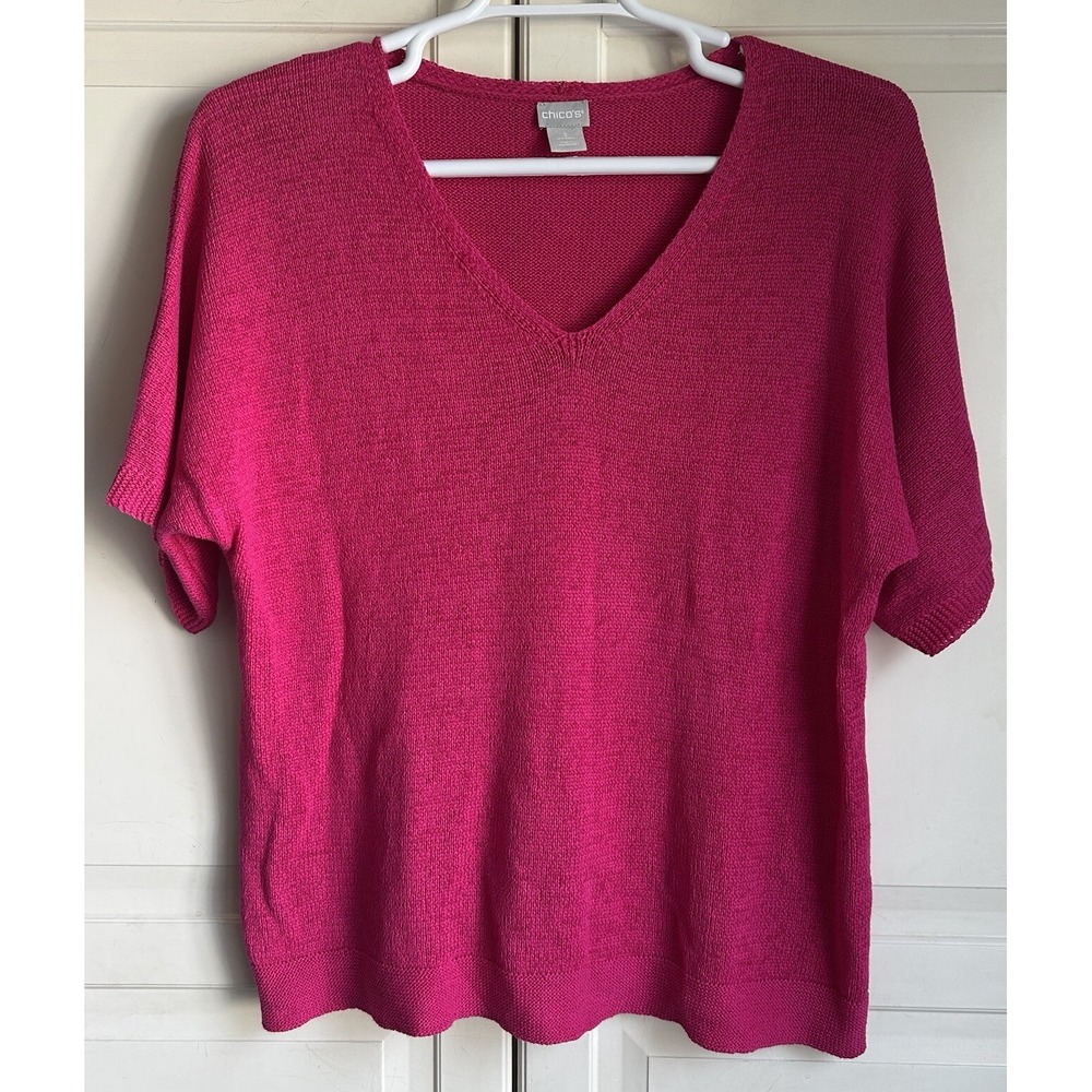 Chicos Short Sleeve Sweater Womens 3 Large Pink Linen Cotton Blend‎